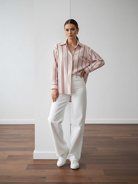 Pera Moda Oversize Çizgili Uzun Kadın Gömleği