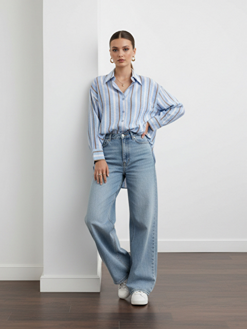 Pera Moda Oversize Çizgili Uzun Kadın Gömleği