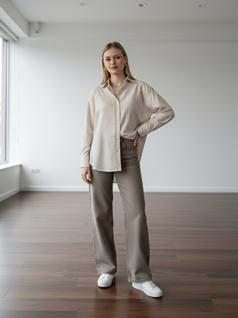 Pera Moda Çizgili Oversize Kadın Gömlek