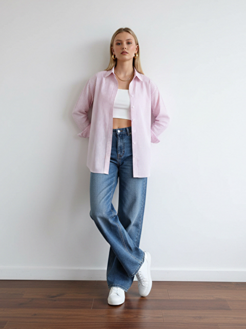 Pera Moda Çizgili Oversize Kadın Gömlek