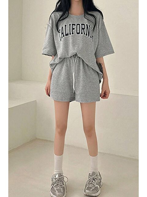 uyguntarz Unisex California Detay Baskılı Şort Takım - S000243392-20600
