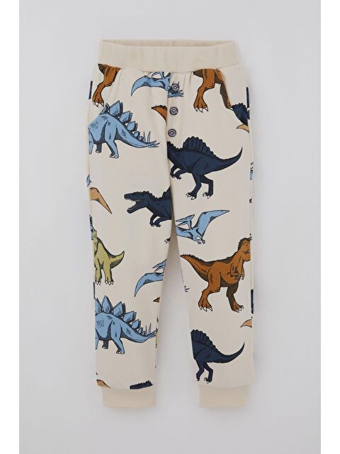 Breeze Erkek Çocuk Eşofman Altı Kükreyen Dinozorlar Desenli Düğme Aksesuarlı Krem (2-6 Yaş)