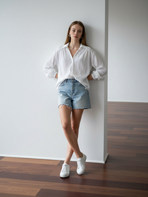 Pera Moda Çizgili Transparan Pileli V Yaka Gömlek