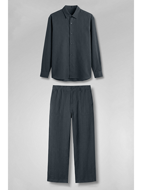 Abluka Online Erkek Baggy Çizgili %100 Pamuk Gömlek Pantolon İkili Takım Antrasit - S000513511-29666