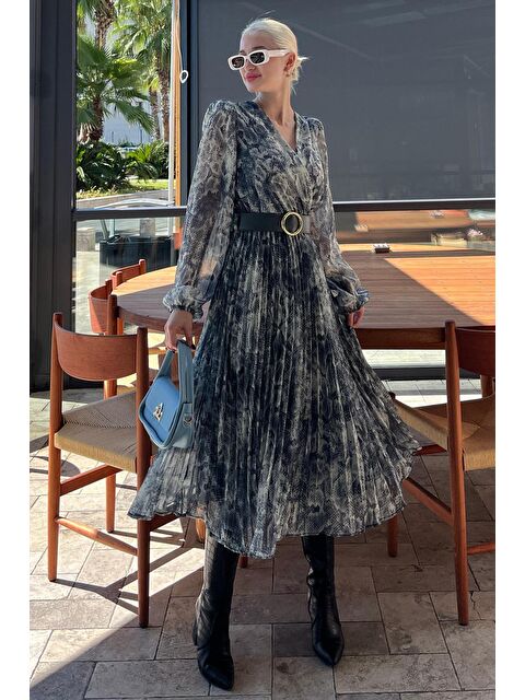 Madmext Bej V Yaka Beli Lastikli Desenli Şifon Elbise Mg2225 - S000440007-19928