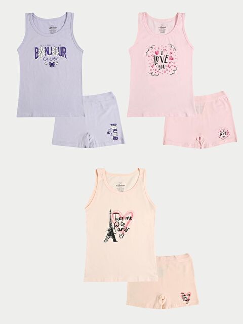 Vitmo Kız Çocuk Pamuklu 3'Lü Atlet 3'Lü Şort Boxer Karışık Renk Bonjour 6 Parça Set - S000332896-23173