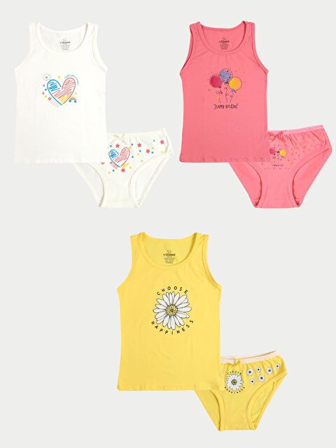 Vitmo Kız Çocuk Pamuklu 3'Lü Atlet 3'Lü Slip Karışık Renk Happy 6 Parça Set - S000332902-23173