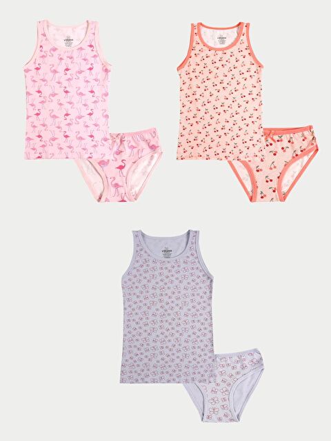 Vitmo Kız Çocuk Pamuklu 3'Lü Atlet 3'Lü Slip Karışık Renk Cherry 6 Parça Set - S000332904-23173