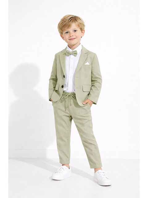 Cansın Mini Yeşil Keten Ceket ve Pantolonlu Erkek Çocuk Papyonlu 4lü Takım Elbise 23522 - S000501989-18194