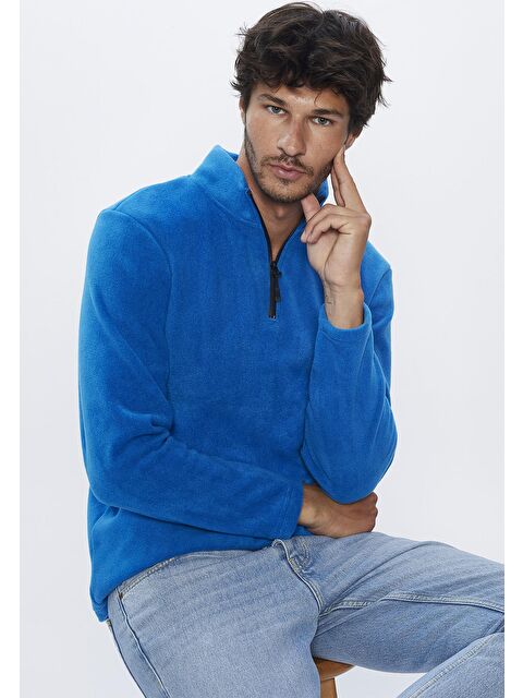 TUDORS Erkek Standart Fit  Tüylenme Yapmayan Soğuk Geçirmez Sax Mavi Dik Yaka Polar Sweatshirt - S000259827-23710