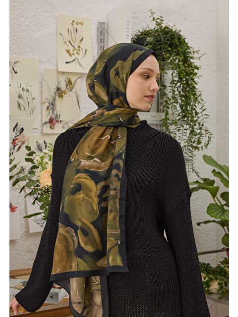 Fresh Scarfs Dark Garden Desen Şal Zeytin Yeşili - S000458316-17346