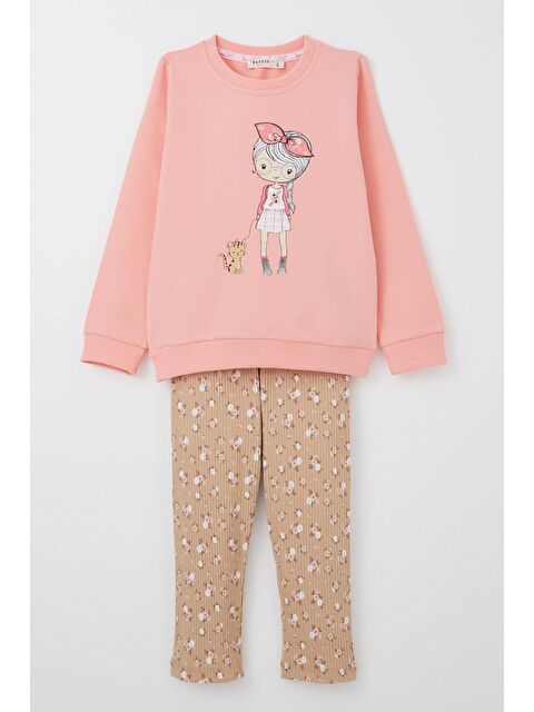 Breeze Kız Çocuk Taytlı Takım Sevimli Kız Baskılı Çiçekli Somon (2-3 Yaş) - S000325237-24085