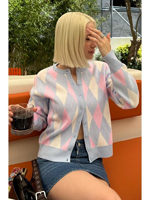 Madmext Mavi Baklava Desenli Bisiklet Yaka Kadın Hırka Mg2496 - S000440017-17234