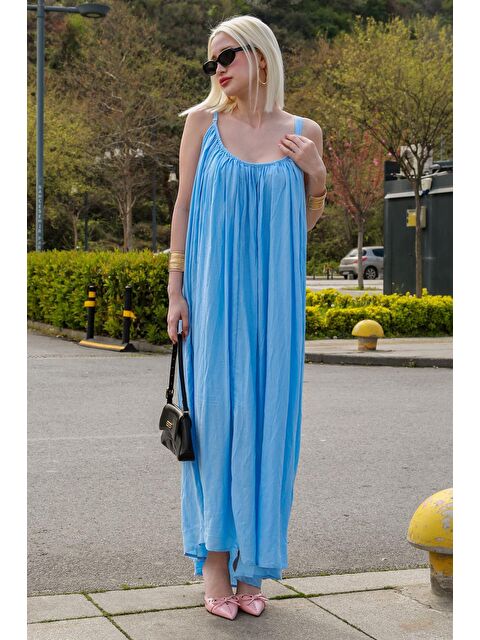 Madmext Bebe Mavisi Halter Yaka Yırtmaç Detaylı Desenli Uzun Elbise Mg2162 - S000228122-3642