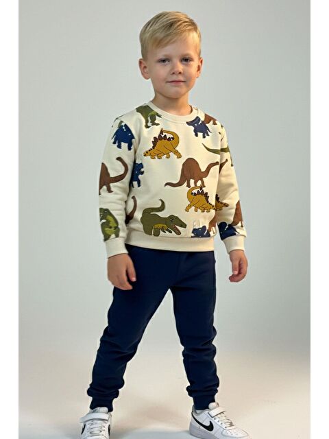 Breeze Erkek Çocuk Eşofman Takımı Kükreyen Dinozorlar Desenli Krem (2-4 Yaş) - S000501990-19966