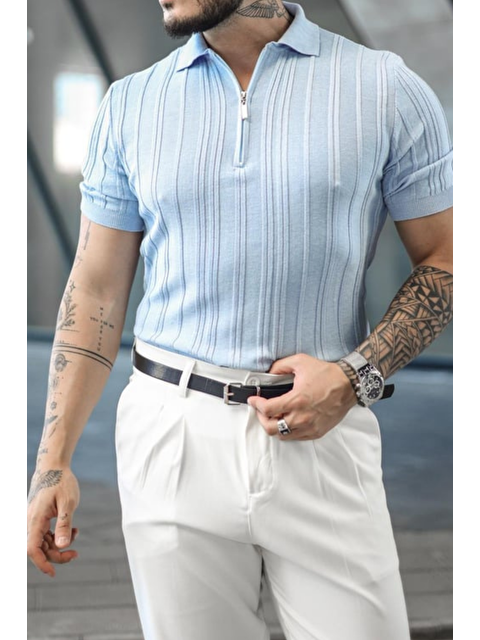 Tarz Cool Erkek Çizgi Kabartmalı Polo Yaka Fermuarlı Triko Tişört - S000221414-17234