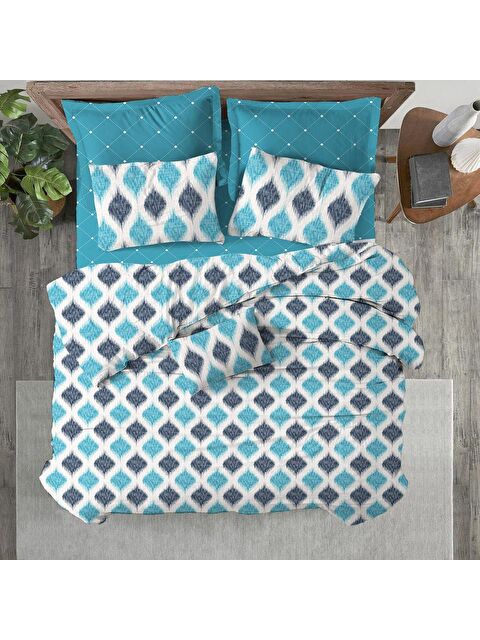 Evmila Geometrik Desen Baskılı Çift Kişilik 200x220 cm 2 Adet 50x70 cm Nevresim Takımı - Mavi - S000130720-23173