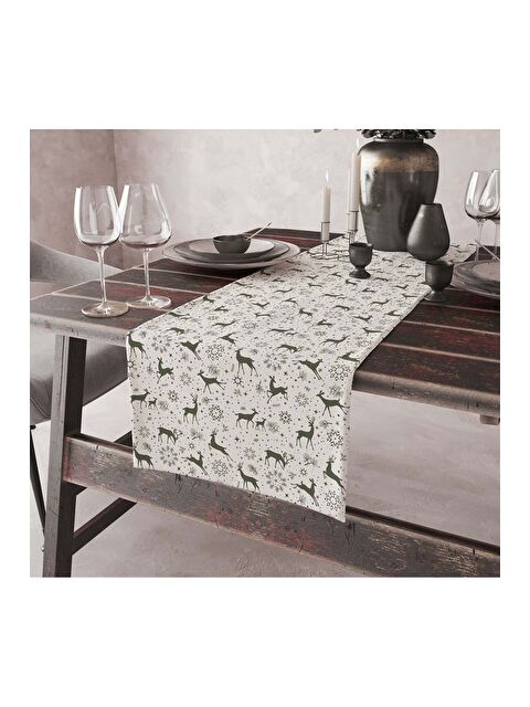 Asdiva Modern Tasarımlı Yeşil Geyik  Desenli Yılbaşı Konseptli Dijital Baskılı Dekoratif 45x140 Runner - S000383487-19294