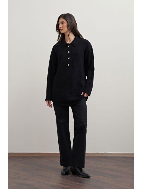 ALLDAY Siyah-Gold Dügmeli Yarım Patlı Kazak - S000500707-19351