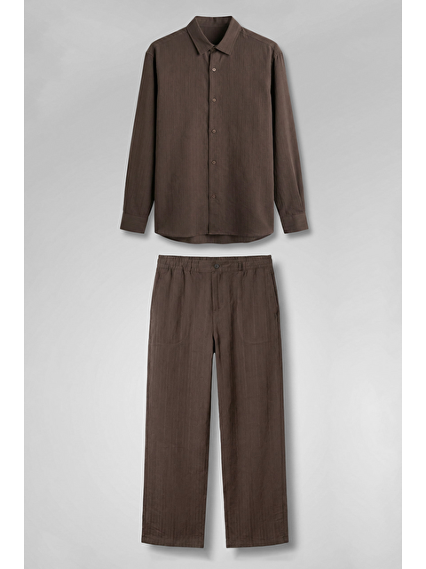 Abluka Online Erkek Baggy Çizgili %100 Pamuk Gömlek Pantolon İkili Takım Kahverengi - S000513511-19413