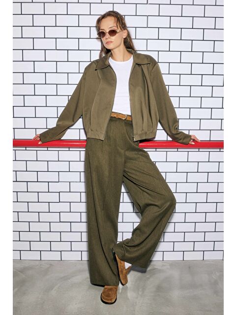 HE-QA Pile Detaylı Palazzo Pantolon Orman Yeşili - S000448648-20662