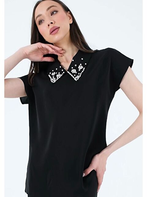 Pera Moda İç Göstermeyen Yakası İnci ve Taşlı Kısa Kollu Kadın Gömleği - S000398283-19351