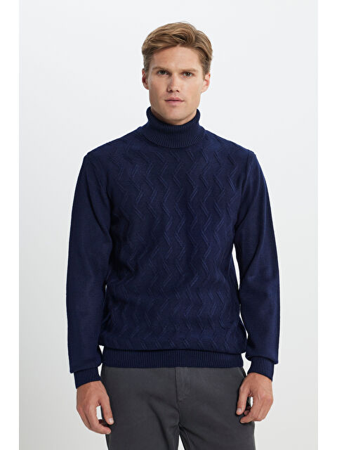 Altınyıldız Classics Erkek Lacivert Standart Fit Normal Kesim Tam Balıkçı Yaka Jakarlı Triko Kazak - S000403647-21164