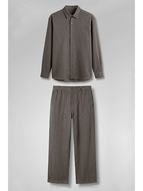 Abluka Online Erkek Baggy Çizgili %100 Pamuk Gömlek Pantolon İkili Takım Vizon - S000513511-26429