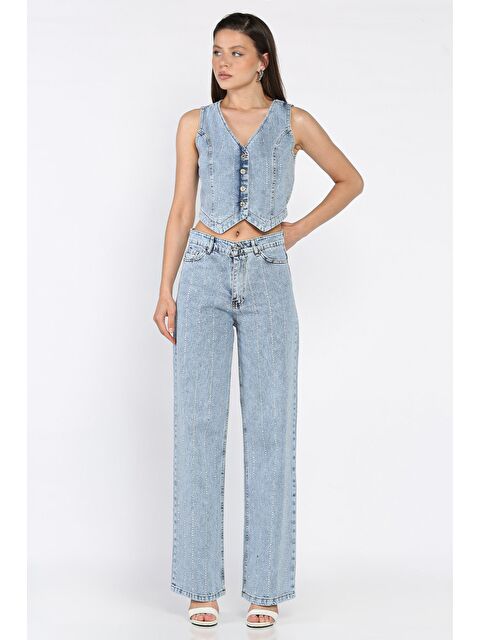Gülseli Taş Detaylı Jean Jean Yelek Pantolon İkili Takım - S000399364-3642