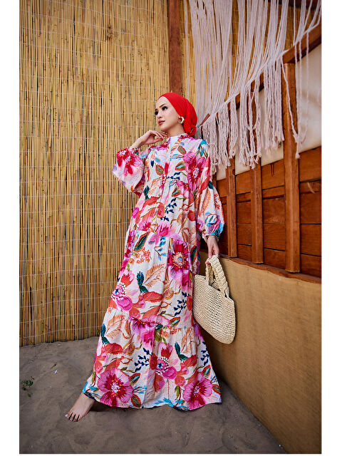 Locco Moda Kadın Bahar Çiceği Desen Elbise Fuşya - S000398298-18686