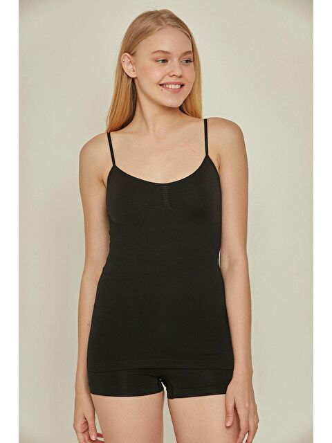 C&City C15011 Dikişsiz Ripli İnce Askılı Atlet Siyah - S000223008-19351