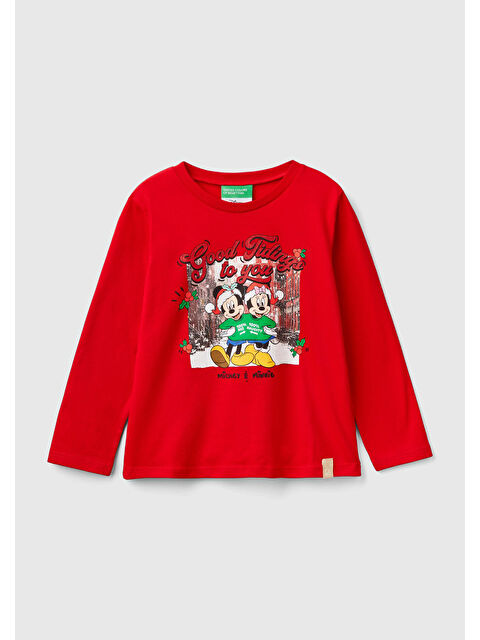 United Colors Of Benetton Kız Çocuk Kırmızı Etek Ucu Logo Etiketli Fotoğraf Baskılı Uzun Kollu Tişört - S000322575-20045