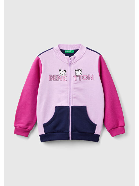 United Colors Of Benetton Kız Çocuk Lila Mix Önü Logo Baskılı Normal Kesim Fermuarlı Cepli Sweatshirt - S000293454-17878