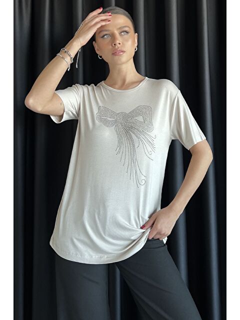 Gülseli Kadın Bisiklet Yaka Taş İşlemeli Elastanlı Tişört - S000399369-25636