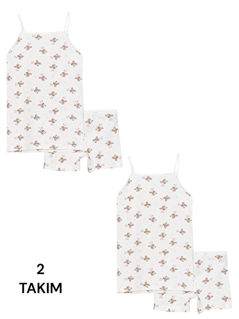 Güneş Ekru Kız Çocuk Şirin  Desenli Pamuklu Atlet Boxer 2 Takım - S000310701-37198