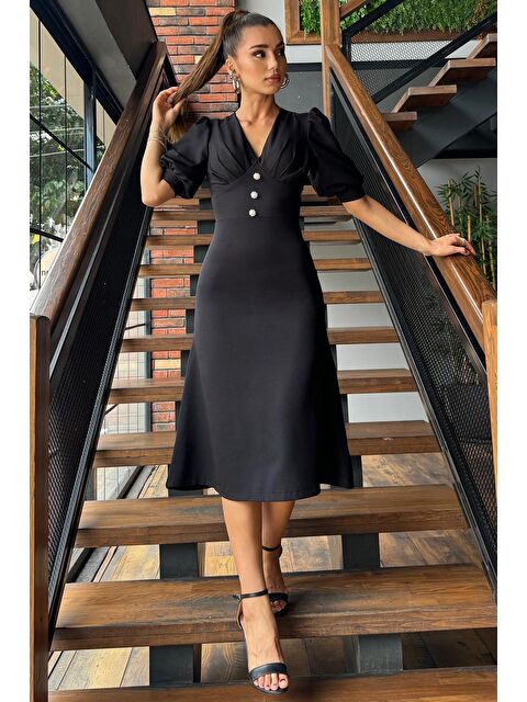 Gülseli V Yaka Düğme Detaylı Midi Boy Elbise - S000289615-19351