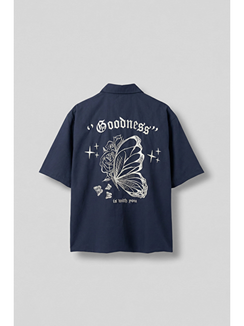 Abluka Online Erkek Sırt Baskılı Kısa Kollu %100 Pamuk Gömlek Lacivert - S000513512-21164