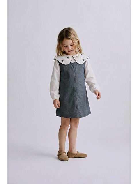 Magu Kız Çocuk Pamuklu Antrasit Nakışlı Geniş Yaka Jile Elbise - Beyaz Bluz Görünümlü - S000516227-23173