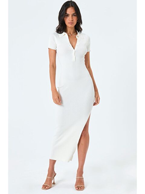Madmext Ekru Yandan Yırtmaçlı Polo Yaka Kadın Triko Elbise Mg1480 - S000440014-19965