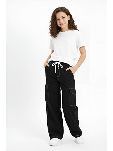 Modanino Kız Çocuk Beli Lastikli Ve Kordonlu-Kargo Cepli Jean Pantolon 12-16 Yaş 12524 - S000516228-19351