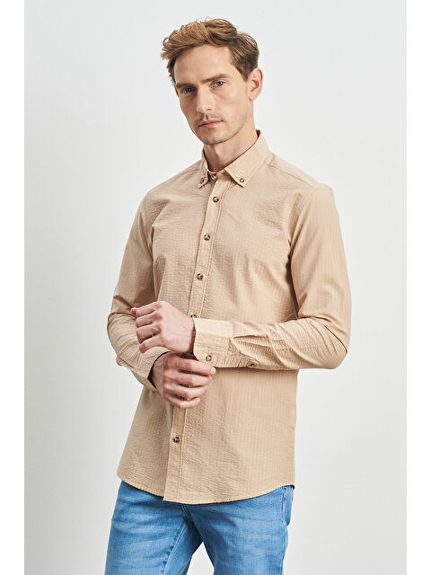 Altınyıldız Classics Erkek Bej Slim Fit Dar Kesim Düğmeli Yaka %100 Pamuk Desenli Gömlek - S000403610-19928