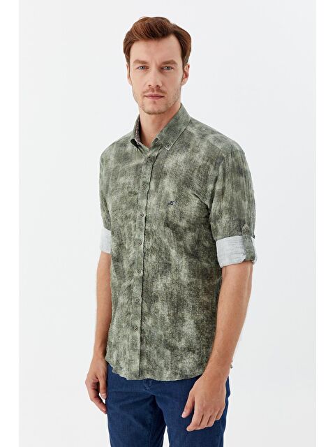 Sabri Özel Erkek Haki Slim Fit %100 Pamuk Baskılı Düğmeli Yaka Gömlek - S000525057-18547