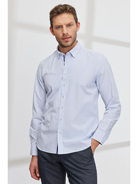Altınyıldız Classics Erkek Beyaz-Mavi Slim Fit Dar Kesim Gizli Düğme Yaka Baskılı Gömlek - S000403652-37234