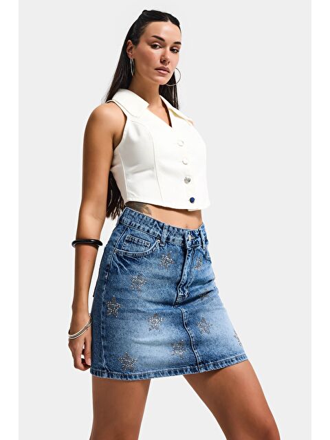 It's Basic Kadın Mavi T-4s6-4 Straight Mini Parlak Yıldız Taşlı Özel Tasarım Denim Etek