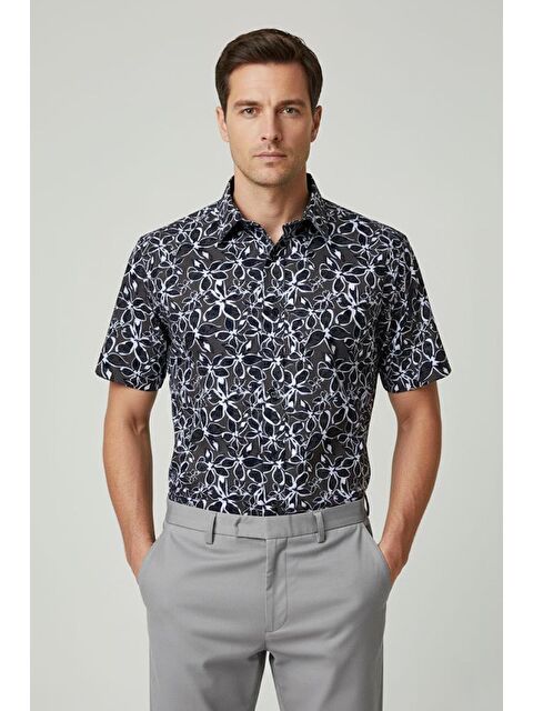 Sabri Özel Giotelli Haki Desenli %98 Pamuk Kısa Kol Klasik Yaka Erkek Gömlek - S000525065-18547