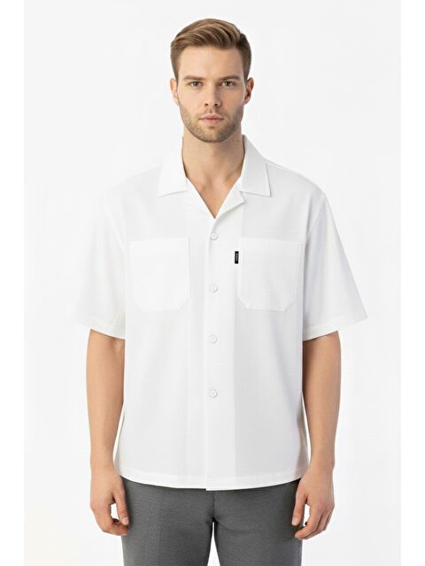 Sabri Özel Giotelli Beyaz %100 Keten Apaş Yaka Kısa Kol Erkek Gömlek - S000525066-20063