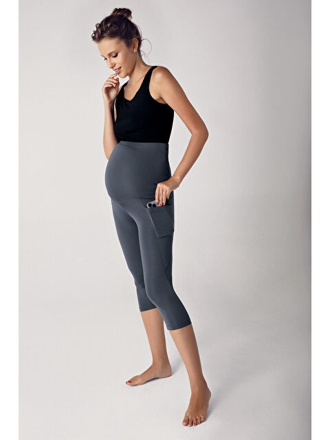 Artış Ayarlanabilir Yüksek Bel Esnek Toparlayıcı Çift Cepli Diz Altı Spor Kapri Hamile Tayt T07 - S000161438-29666