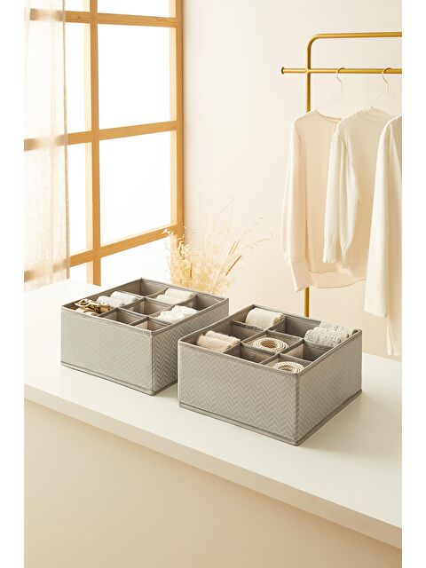 Ocean Home Textile 2'li 9 Bölmeli Petek Gri Balıksırtı Çekmece İçi Düzenleyici Kutu Set 28 x 28 x 13 cm - S000238565-20600