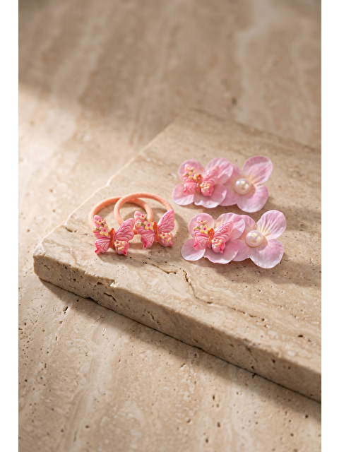 Katia And Bony 4'Lü Kelebek Aksesuarlı Çiçekli Koyu Pembe Toka Seti