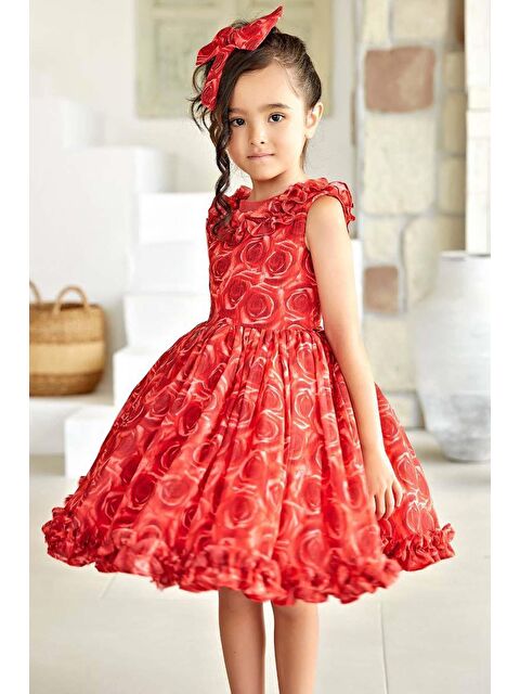 Riccotarz Kız Çocuk Yakası ve Etek Ucu Fırfırlı Üzeri Gül Baskılı Kolsuz Kırmızı Elbise - S000350940-20045